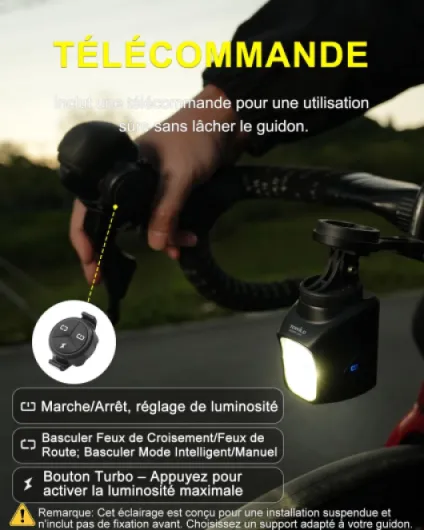 DL1700 Lumiere Velo avec Télécommande, Lampe de Vélo 1700 Lumens avec Double Source Lumineuse avec Feux de Route et Croisement, éclairage Avant Vélo Rechargeable 4000mAh Phare Avant VTT Noir