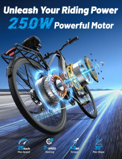 C29 Lite Vélo Électrique Homme et Femme Ville, 27.5" VTT Électrique avec Batterie Integrée 486Wh & Moteur 250W, 4 Niveaux d'Assistance Pédalage & Suspension Avant 7 Vitesses