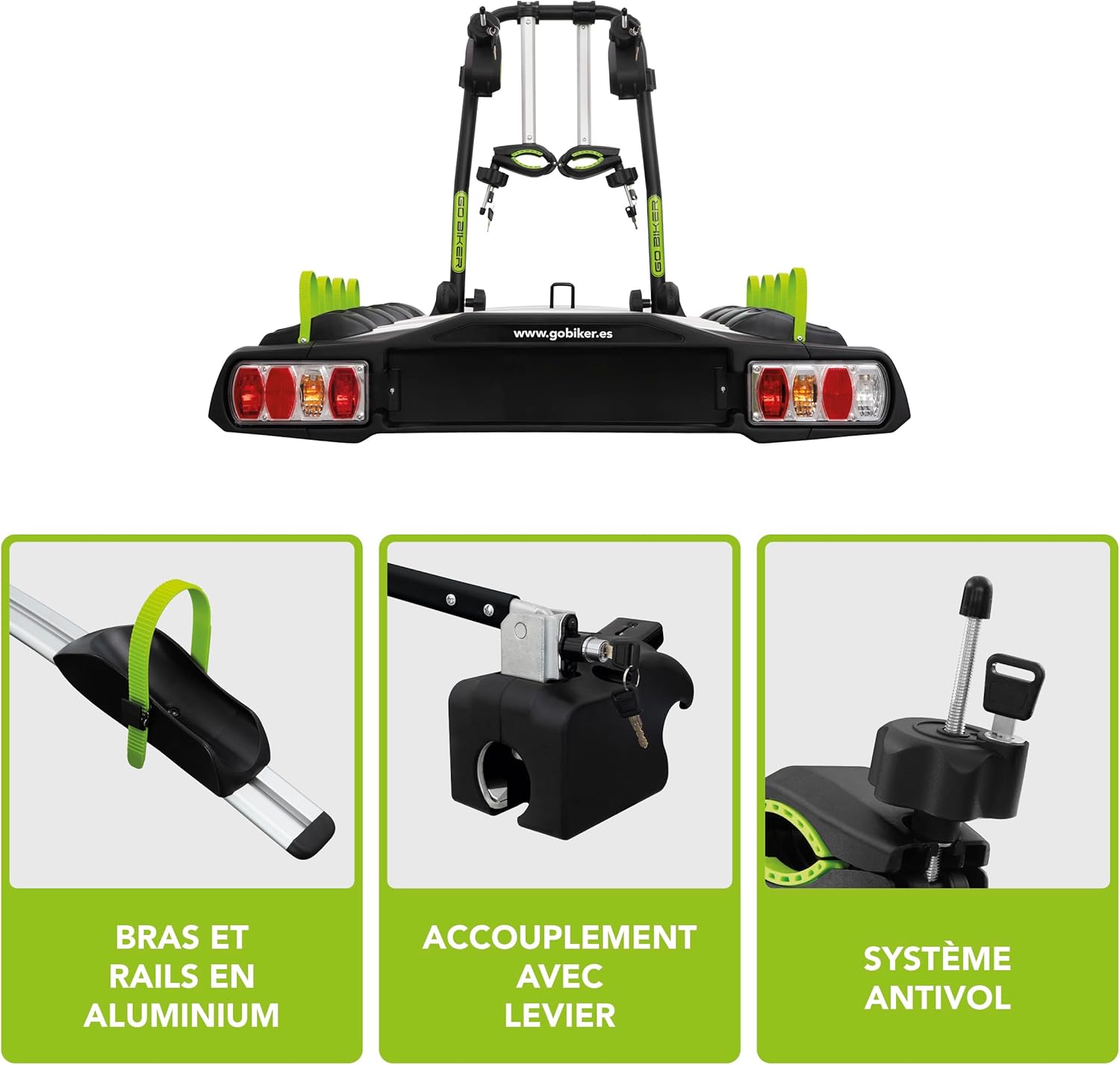 Pro Z4 Porte-vélos pour 4 vélos - Attelage avec Levier - Système de Sécurité - Châssis Acier/Aluminium - Supporte 15kg par Rail