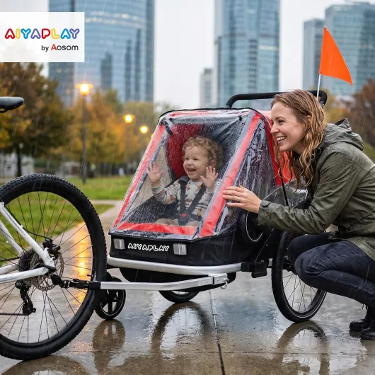 Remorque de vélo 2 en 1 et poussette 2 places pliable pour enfant avec ceinture à 5 points, drapeau de sécurité, remorque de vélo pour enfants à partir de 12 mois, max - 18 kg Rot