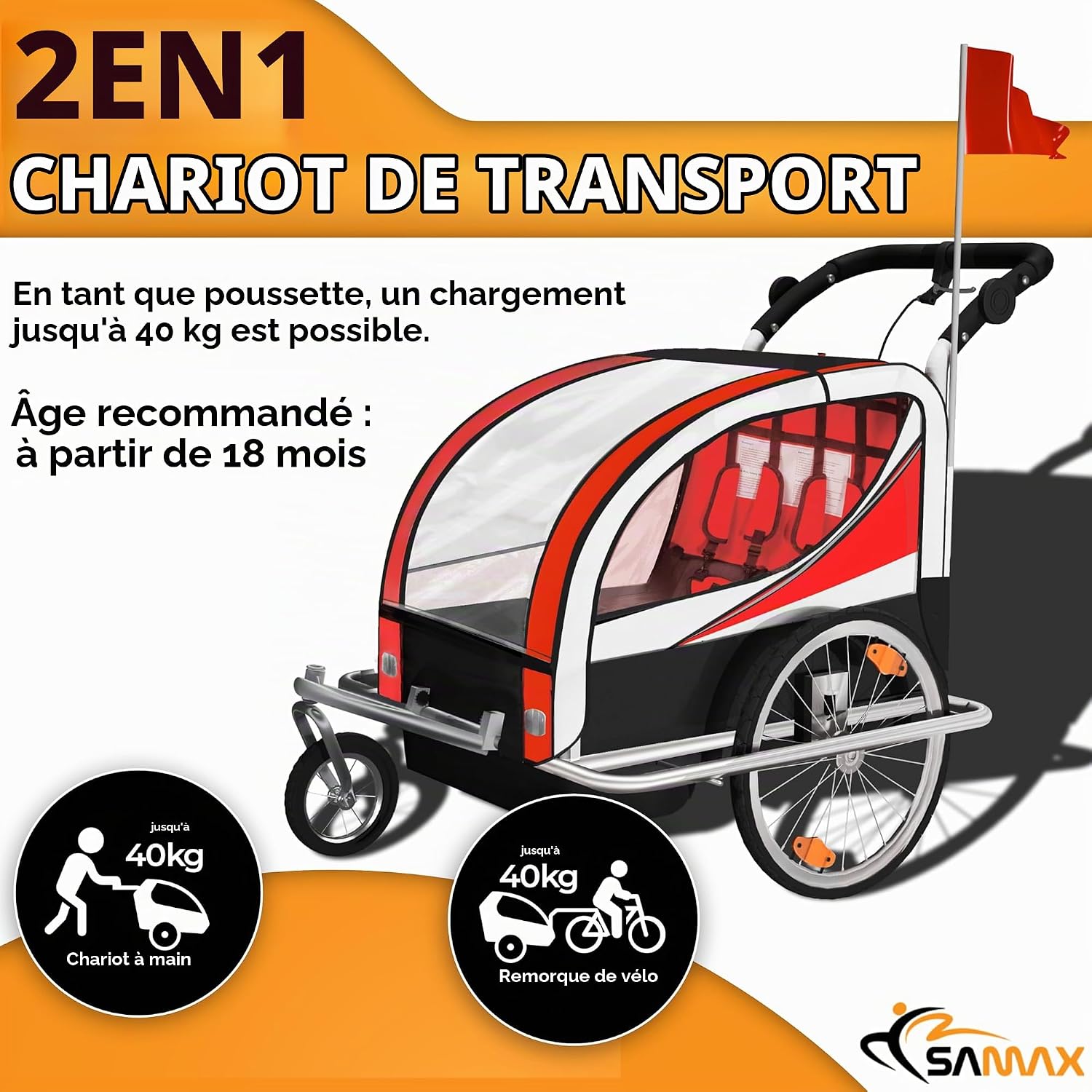 SAMAX Remorque Vélo Convertible Jogger 2en1 360° Rotatif pour 2 Enfants Amortisseur Transport Poussette en différentes Couleurs Rouge - Silver Frame